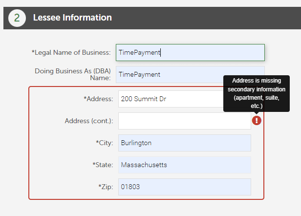 Example of form errors showing the address missing secondary information.